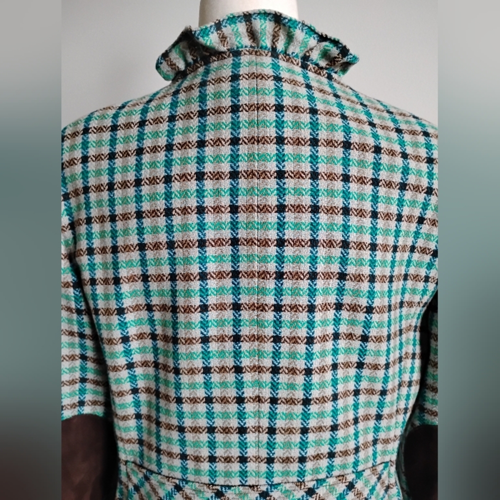 Talbots 100% Wool Ruffle Plaid Jacket Blazer Turquoise Blue Brown Classic Sz 12 - Picture 10 of 16